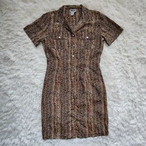 Vintage 90s Robbie Bee Leopard Print 100% Silk Button Front Safari Mini Dress 6
